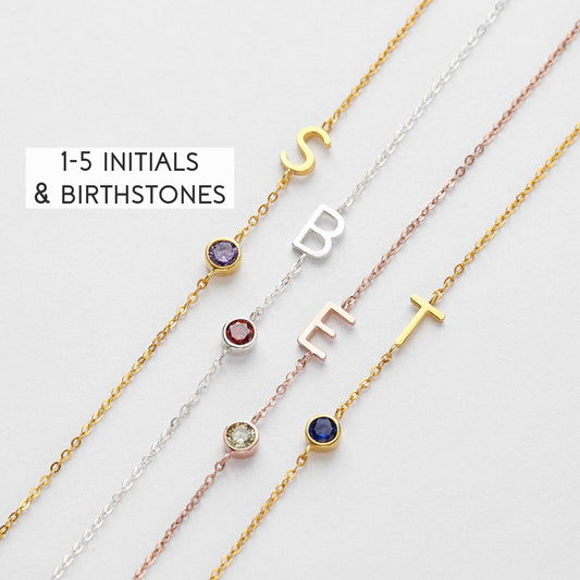 Sideway Initial Necklace With Birthstone