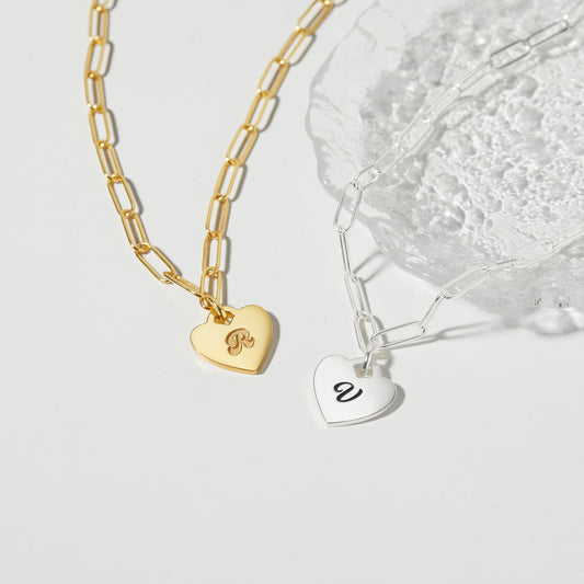 Initial Heart Necklace-Paper Clip Chain