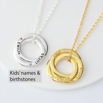 Mother's Necklace With Kids' Names & Birthstones - 2-5 Rings