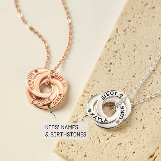 Mom Necklace With Children's Names & Birthstones - 2-4 Ring