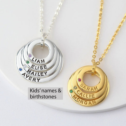 Grandma's Necklace With Grandchildrens' Names & Birthstones - 2-5 Rings