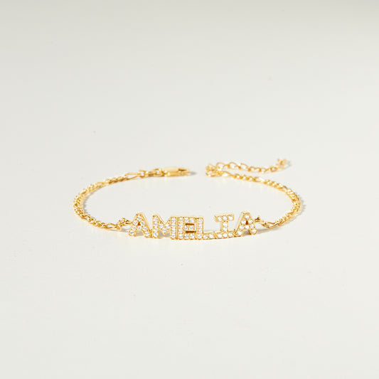 CZ Pave Name Bracelet - Figaro Chain