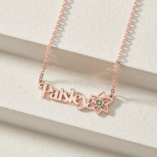 Name Necklace With Birthstone and Birthflower