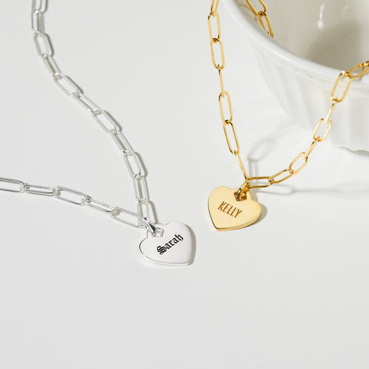 Heart Name Necklace - Paper Clip Chain