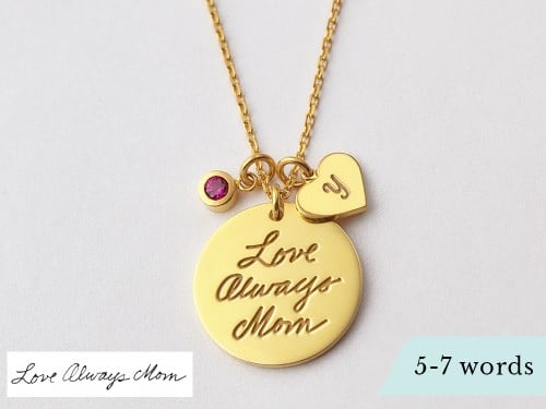Disc Handwriting Necklace with Initial and Birthstone Charm