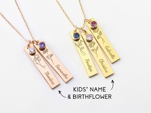Bar Name Necklace With Birth Flower And Birthstone