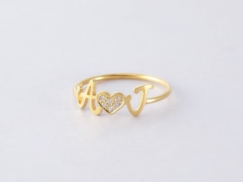 Double Initials Ring with Diamond Heart