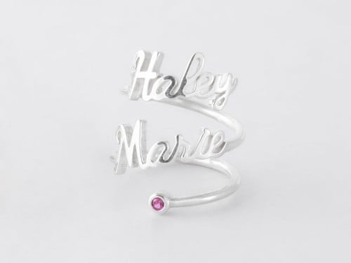 Personalized Name Ring -Two Name Ring with Birthstone